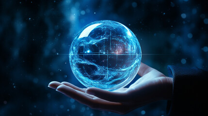 Hand holding a clear crystal ball Hologram of a planet blue tone futuristic