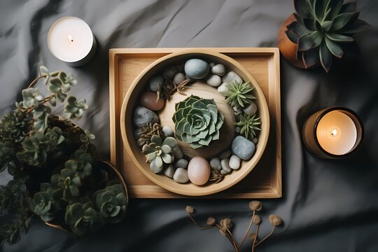 A simple, rustic wooden tray showcasing succulents and aromatic candles, flat lay, minimal background.