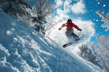A snowboarder performs an aerial maneuver in a snow-covered environment. Snow-covered pine trees, a clear blue sky, and snowflakes add to the vibrant winter scene.