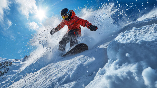 High-octane of a snowboarder riding down from the mountain, against a brilliant blue sky, capturing the excitement and athleticism of snowboarding