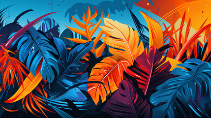 Fototapeta na wymiar Tropical Foliage Fantasy: Abstract Colorful Illustration with Unrealistic Painted Leaves, Exotic Botanical Artwork, Vibrant Nature-Inspired Background with Artistic Flair