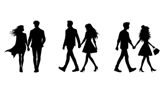 Vector illustration. Silhouette of a guy and a girl walking hand in hand. Date of lovers. Set of people.