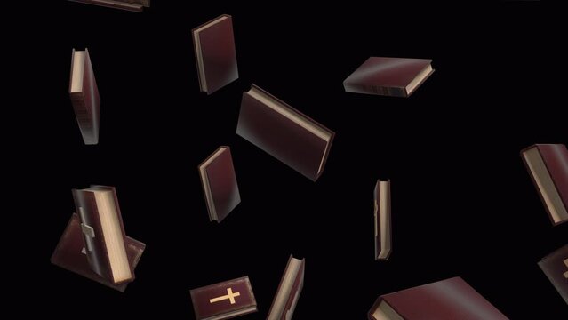 Red bibles and golden cross. Bibles background. Falling bibles over alpha channel. Rain of bibles across the screen.