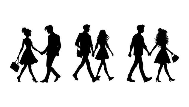 Vector illustration. Silhouette of a guy and a girl walking hand in hand. Date of lovers. Set of people.