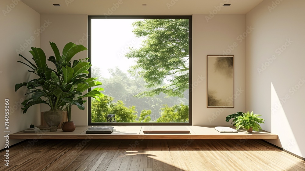 Aufkleber a large window with a view of trees and a bench. generative ai