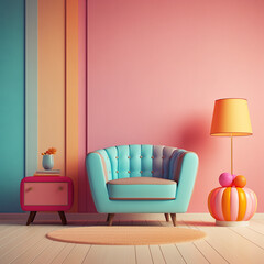 Vintage interior with  colorful, retro, cartoon style furniture
