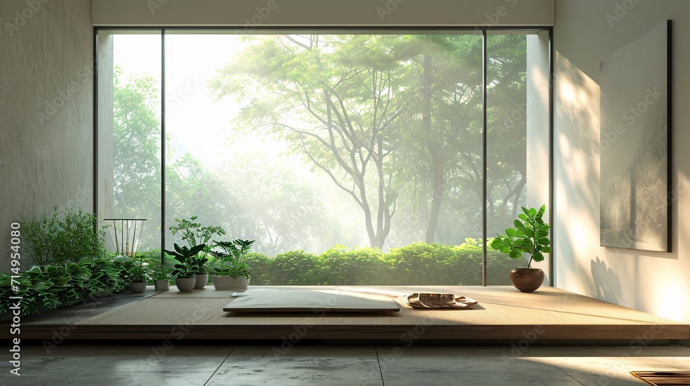 Poster a serene scene of a room with a window overlooking a forest generative ai