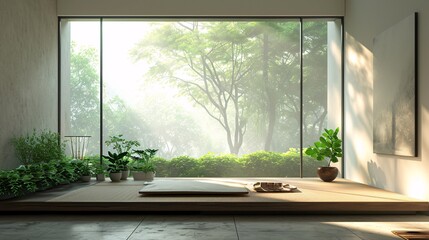 A serene scene of a room with a window overlooking a forest Generative AI