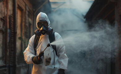 Control service in a mask and a white protective suit sprays gas.