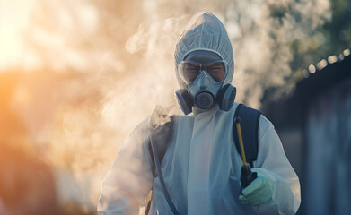 Control service in a mask and a white protective suit sprays gas.
