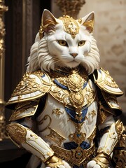 A white cat wearing golden armor is standing on a stone floor. The cat is looking at the viewer with its yellow eyes. The armor is decorated with blue and green gems.