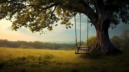 A solitary swing hanging from a sturdy tree branch in a peaceful meadow with tall grass swaying in the breeze
