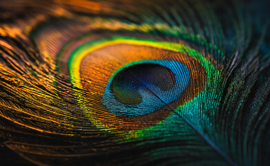 Obraz premium Abstract peacock feather, macro close up. Vivid exotic bird.