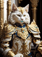 A white cat wearing golden armor is standing on a stone floor. The cat is looking at the viewer with its yellow eyes. The armor is decorated with blue and green gems.