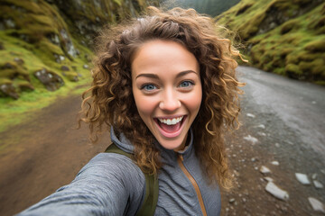 A cheerful woman traveller takes a selfie on a mountain road during her holiday.