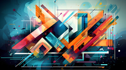 Dynamically Intersecting Forms: Abstract Colorful Illustration with Geometric Shapes Arranged at Sharp Angles, Contemporary Artistic Composition with Vibrant Hues and Modern Design Elements