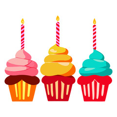 Set of colorful cupcakes with candles on a white background. Vector illustration