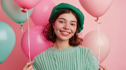 Girl with balloons celebrating Valentine day February 14, 8 March, Birthday, International Women day, copy space isolated on pink background, Satisfied joyful happy young woman holding helium balloons