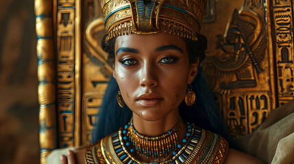 Majestic Pharaonic Woman in Traditional Adornments, woman in pharaonic attire exudes ancient Egyptian regality, her striking traditional jewelry and costume capturing the mystique of a bygone era