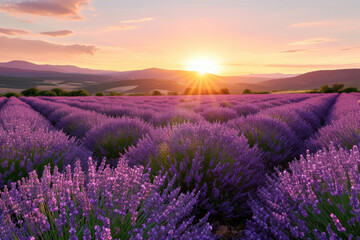Fototapeta premium A mesmerizing view of a lavender field during the golden hour of sunset