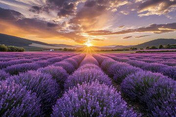 Fototapeta premium A mesmerizing view of a lavender field during the golden hour of sunset