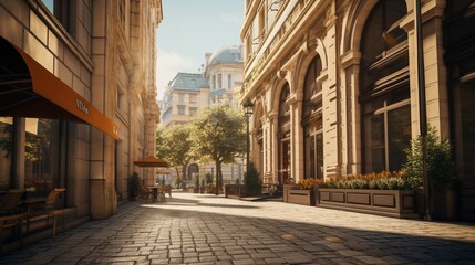 A sunlit alley in Budapest's commercial area, modern office buildings on either side, showcasing architectural elegance.