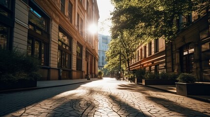 A sunlit alley in Budapest's commercial area, modern office buildings on either side, showcasing...