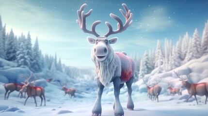 3d cute jolly reindeer standing in a winter wonderland