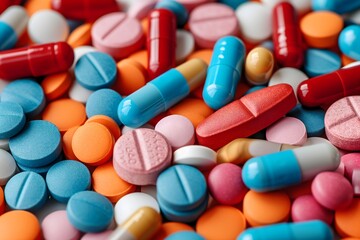 Explore the world of pharmaceuticals with our stock photo featuring assorted medicine pills, tablets, and capsules. A vibrant background showcasing diverse medications.