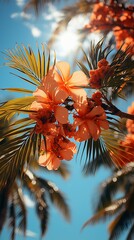 Orange hibiscus flowers on a palm tree against the blue sky