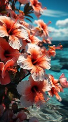 Blooming hibiscus flowers on the background of the sea
