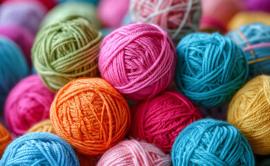 Colorful yarn balls are sitting in a pile.