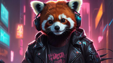 Red Panda Synthwave Serenity Down Under by Alex Petruk AI GENERATED - obrazy, fototapety, plakaty