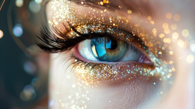 eyes close-up, glitter on eyelashes, golden makeup. Selective focus.