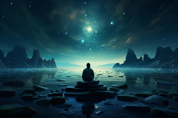 Zen Meditation in Mystical Landscape, solitary figure meditates in a mystical, starlit landscape, embodying tranquility and the search for inner peace - obrazy, fototapety, plakaty