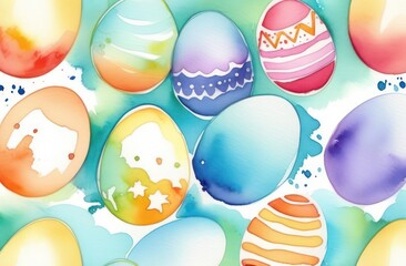 Fototapeta na wymiar Easter themed background, drawing of Easter eggs, Watercolor