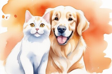 Happy sitting and panting Golden retriever dog and white cat looking at camera, Isolated on peach color background