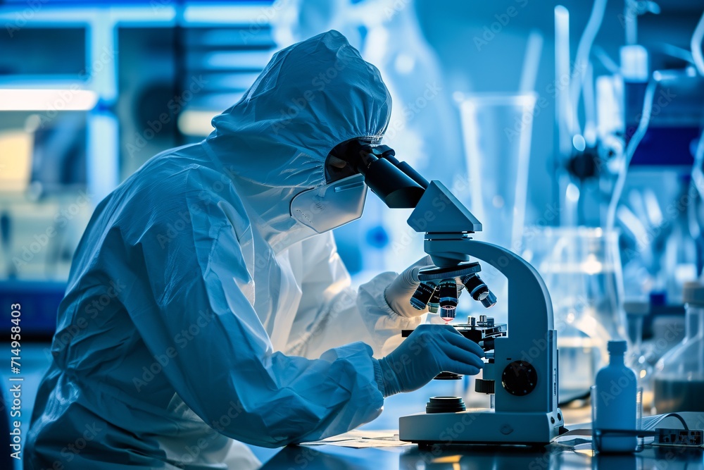 Poster scientist in a lab wearing a white suit and a face mask generative ai