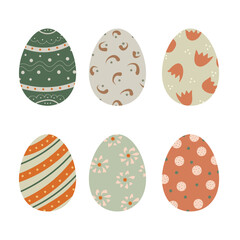 Set of cute decorated Easter eggs isolated on white background. Collection of symbols of religious holiday covered with different patterns - dots, flowers, stripes. Holiday vector flat illustration
