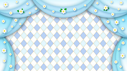 白い花とカーテン水色と水色と青い2色のダイヤモンド柄　レトロ