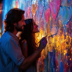 a couple painting a mural together, expressing their love through vibrant colors and romantic imagery.