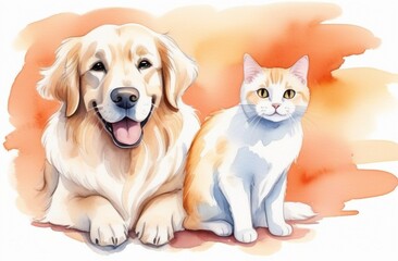 Obraz premium Happy sitting and panting Golden retriever dog and white cat looking at camera, Isolated on peach color background
