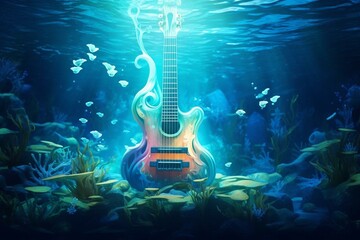 Illustration of an underwater acoustic guitar integrated into a magical aquatic environment with bioluminescence, organic shapes, and mesmerizing lights. Generative AI - obrazy, fototapety, plakaty