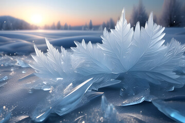 Light blue snowflakes of frost and ice like white swan feathers, icebergs in polar regions, like maple leaves in a lake at sunrise and sunset