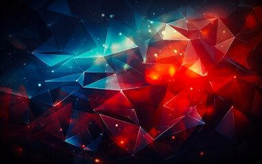 Abstract geometric background with a dynamic red and blue polygonal structure, symbolizing network connectivity, digital transformation, and complex systems