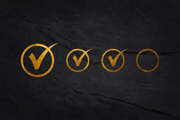 Golden Check Marks Vector Sign Illustration in black background with gold shine effect. Golden customer review concept.