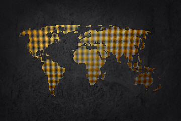 Halftone texture golden world map. World abstract illustration.