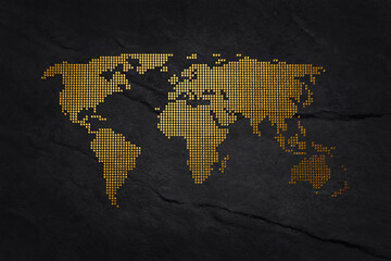 Halftone texture golden world map. World abstract illustration.