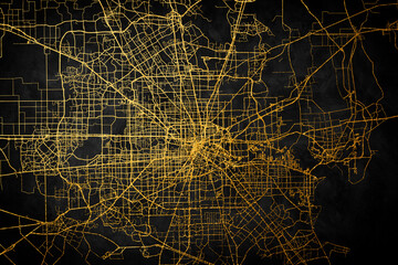 Detailed vector city map in gold on black background. City map.