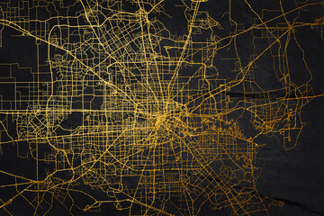 Detailed vector city map in gold on black background. City map.